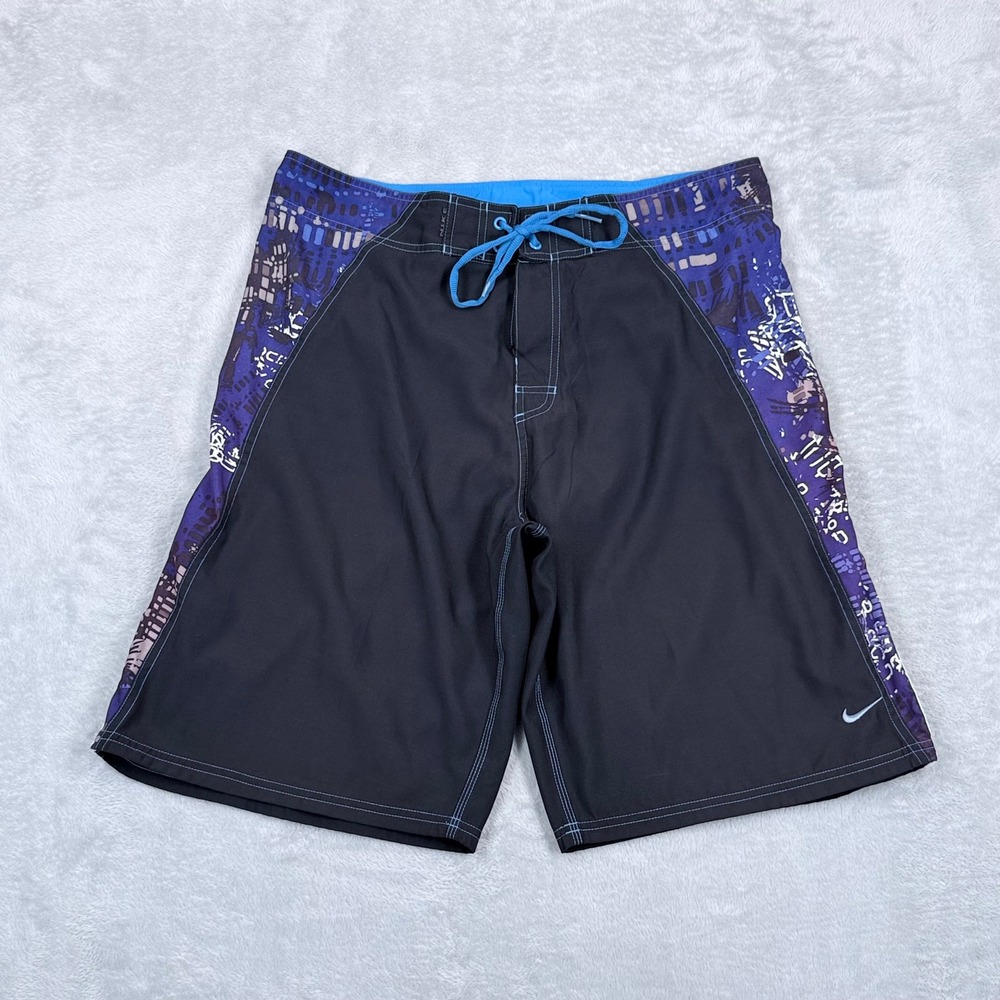 Vintage Y2K Nike Board Shorts Mens 36 Black Blue Purple Abstract Swim Trunks